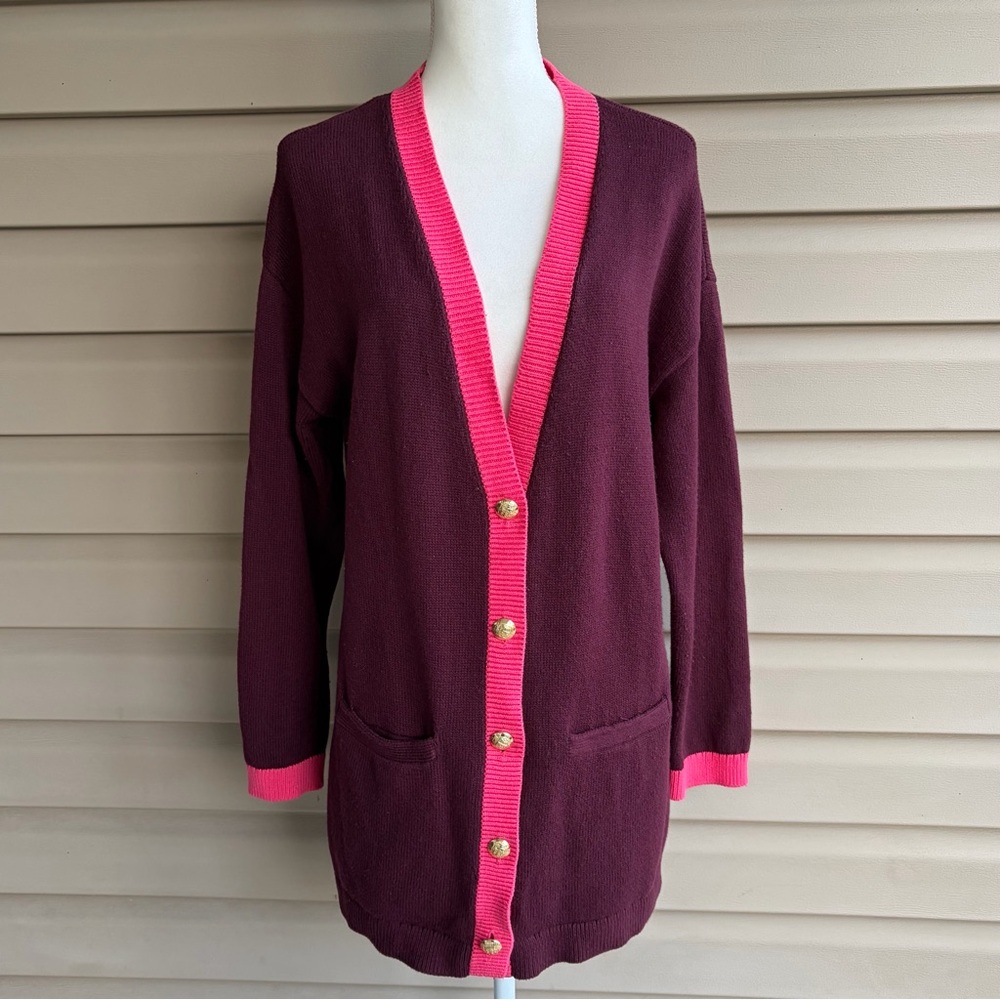 •Talbots• V-neck Tipped Burgundy/Pink Cardigan - Size XL Petite